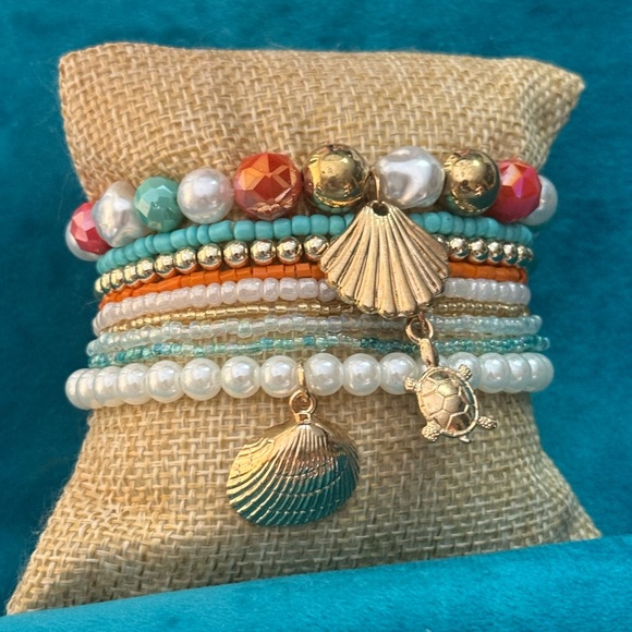 Gold Shell & Turtle Multicolor Strand Beaded Bracelet Set NEW - Picture 3 of 3